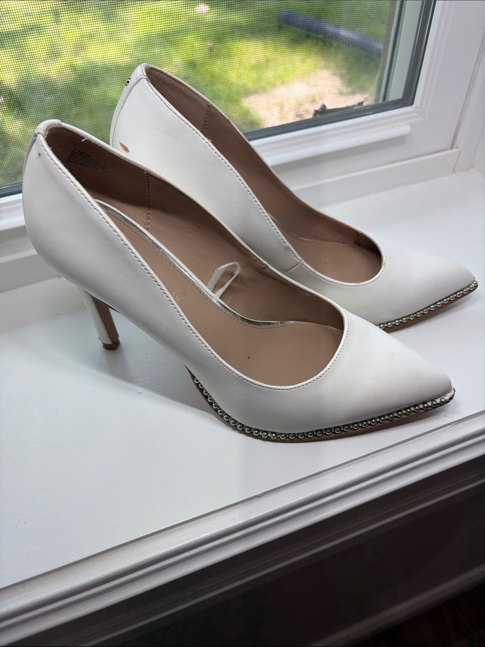 BCBG White Pointed-Toe Heels with Crystal-Trim Sole